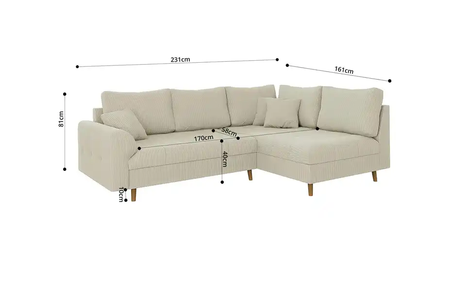 Ecksofa mit Hocker Maya, Bemaßung