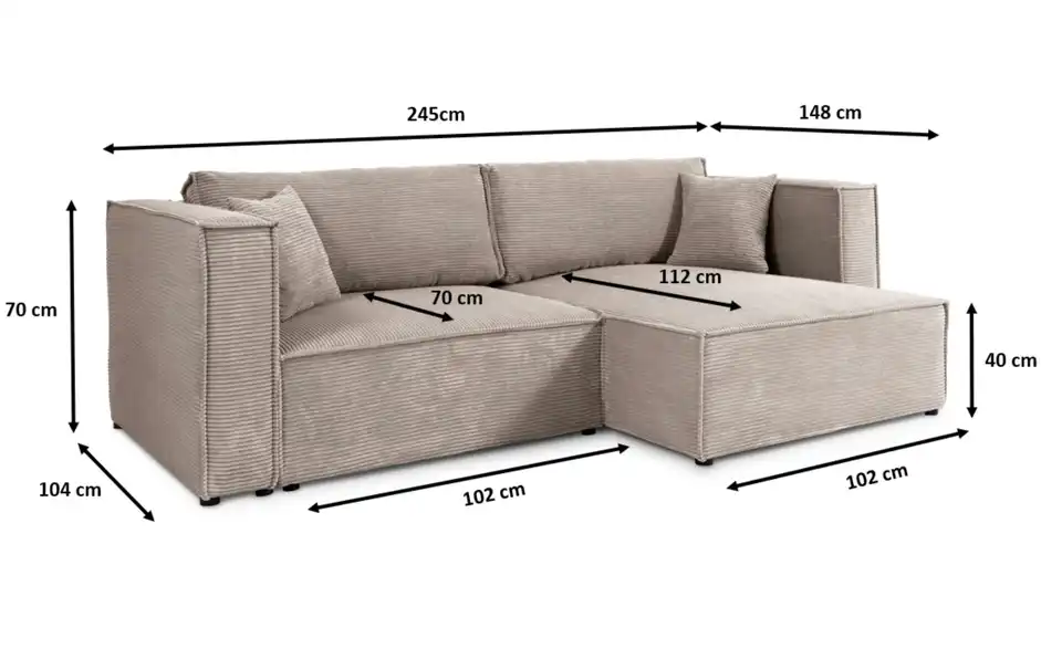 Ecksofa Keymon mit Schlaffunktion, Bemaßung