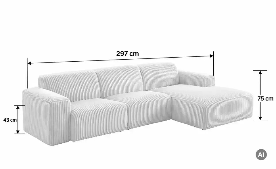 Ecksofa Valja im modernen Breitcord, Bemaßung
