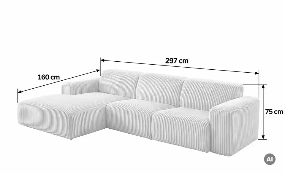 Ecksofa Valja im modernen Breitcord, Bemaßung