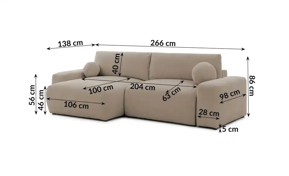 S-STYLE Ecksofa Puffy mit Schlaffunktion, Bemaßung