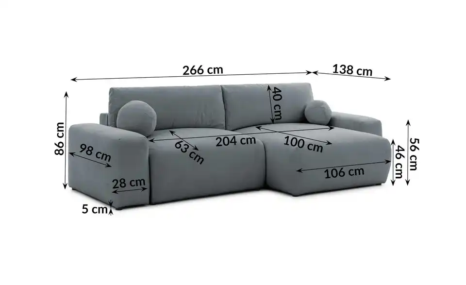 S-STYLE Ecksofa Puffy mit Schlaffunktion, Bemaßung