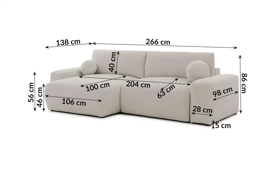 S-STYLE Ecksofa Puffy mit Schlaffunktion, Bemaßung