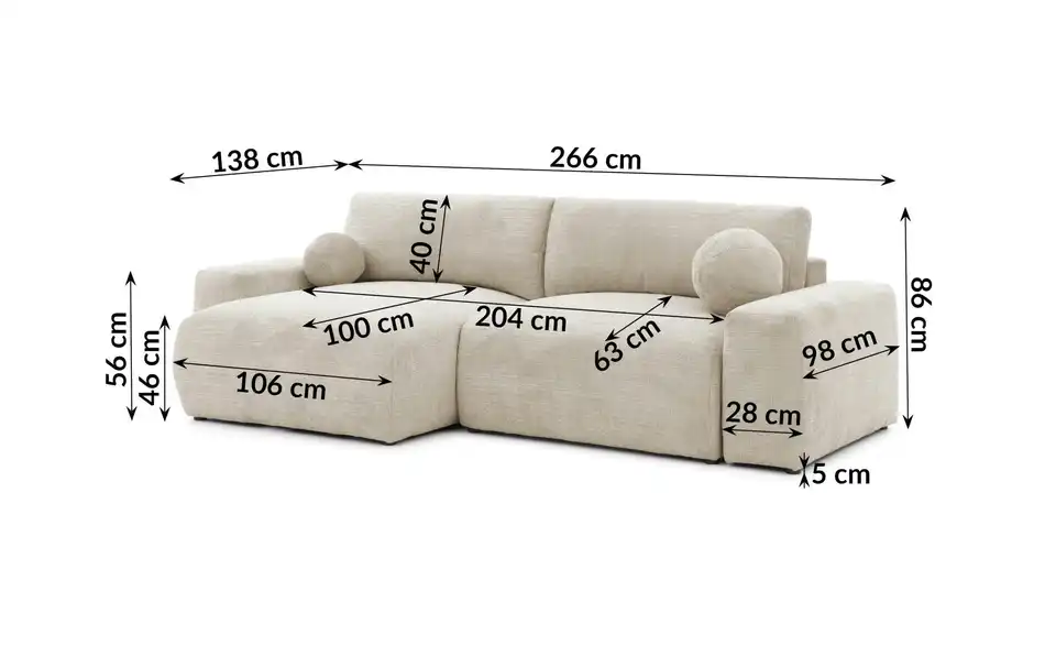 S-STYLE Ecksofa Puffy mit Schlaffunktion, Bemaßung