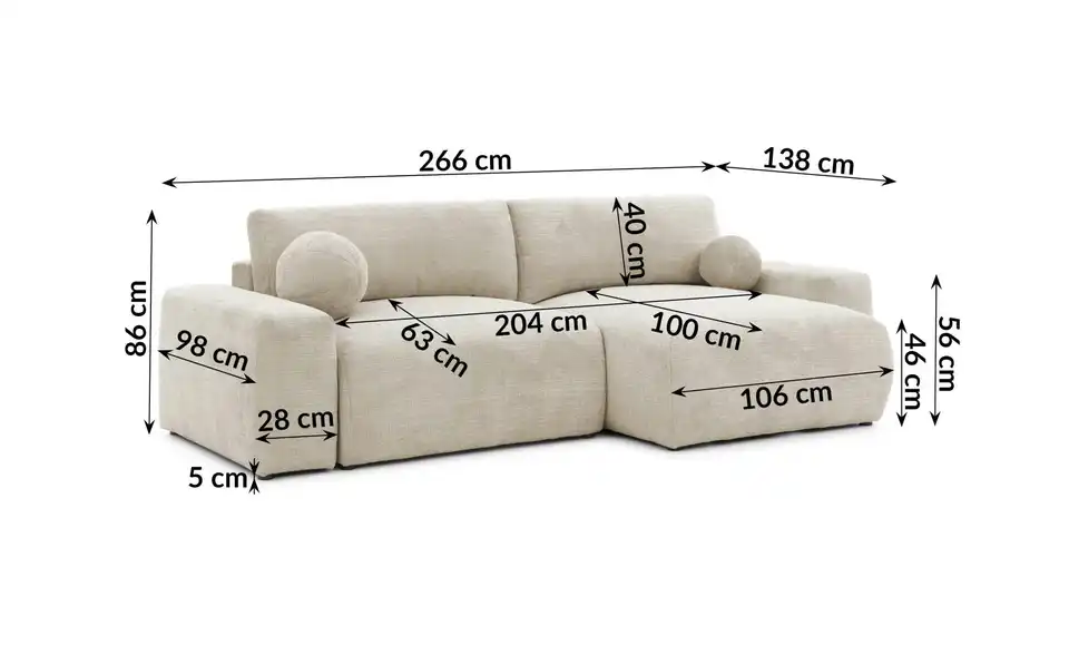 S-STYLE Ecksofa Puffy mit Schlaffunktion, Bemaßung