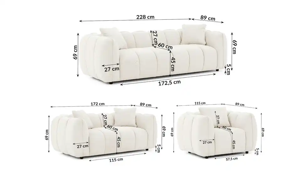 S-STYLE Polstergarnitur 3+2+1 Nubira, Bemaßung