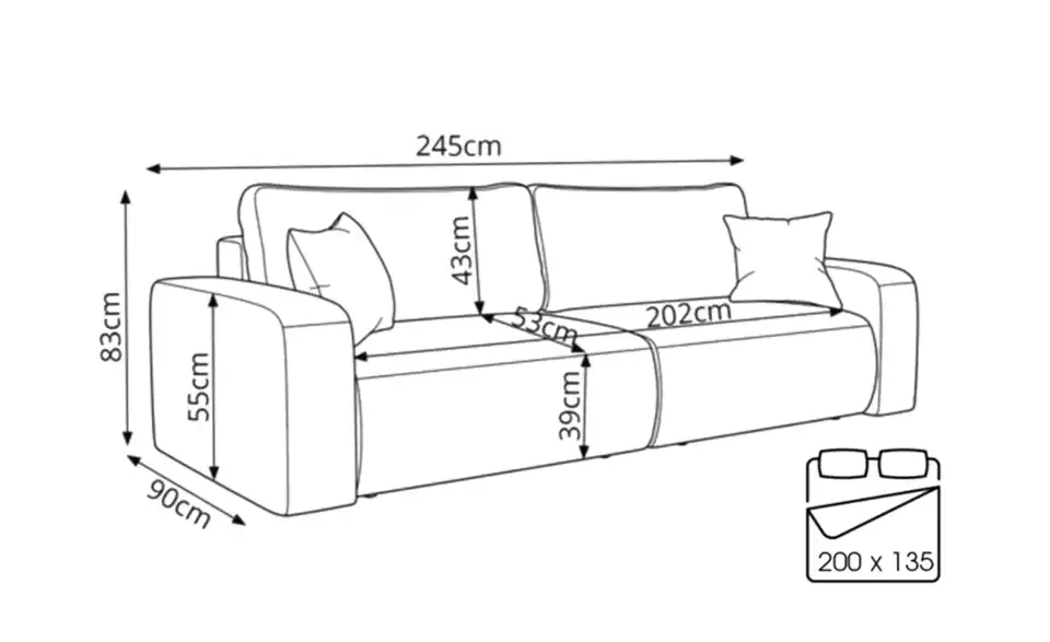 Big Sofa Piano mit Schlaffunktion, Bemaßung