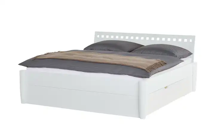 Timber Massivholz-Bettgestell mit Bettkasten Timber Weiß, Buche 140 cm Kopfteil: Ziersprossen klein rund 2 Bettschubkästen