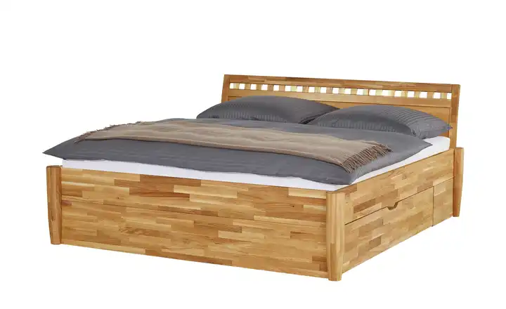 Timber Massivholz-Bettgestell mit Bettkasten Timber Wildeiche, Eiche 140 cm Kopfteil: Ziersprossen klein rund 2 Bettschubkästen
