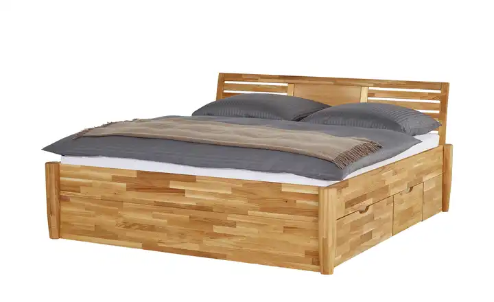 Timber Massivholz-Bettgestell mit Bettkasten Timber Wildeiche, Eiche 180 cm Kopfteil: Ziersprossen seitlich rund 4 Bettschubkästen