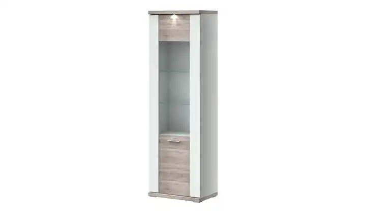 uno Vitrine Titan Weiß, Eiche sägerau (Nachbildung) rechts Spotbeleuchtung