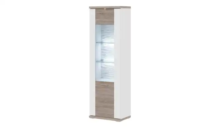 uno Vitrine Titan Weiß, Eiche sägerau (Nachbildung) links Spot- und Glaskantenbeleuchtung