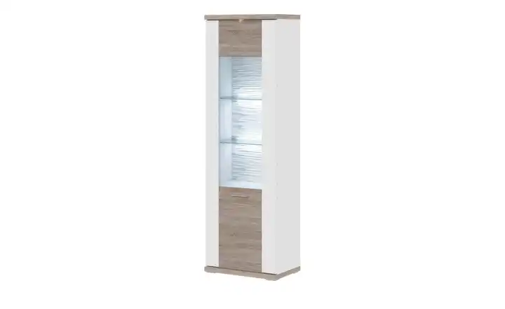 uno Vitrine Titan Weiß, Eiche sägerau (Nachbildung) rechts Spot- und Glaskantenbeleuchtung