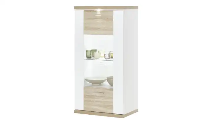 uno Hängevitrine  Titan Weiß, Eiche sägerau (Nachbildung) links Spot- und Glaskantenbeleuchtung