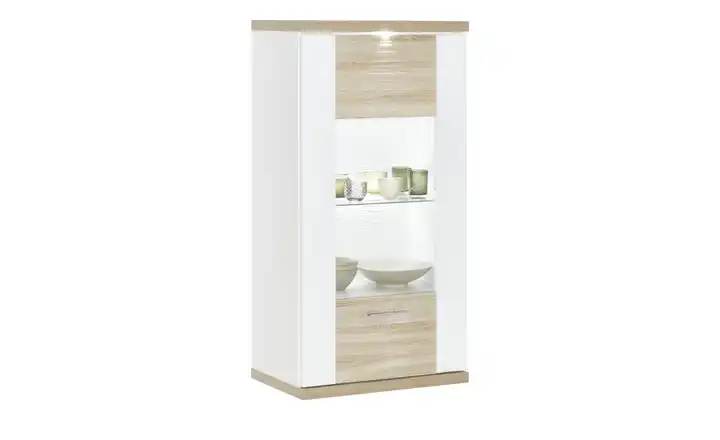 uno Hängevitrine  Titan Weiß, Eiche sägerau (Nachbildung) rechts Spot- und Glaskantenbeleuchtung