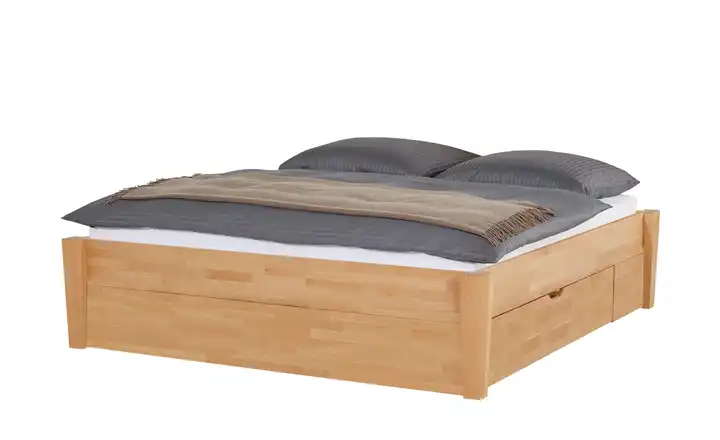 Timber Massivholz-Bettgestell Timber Buche 200 cm ohne Kopfteil eckig 2 Bettschubkästen