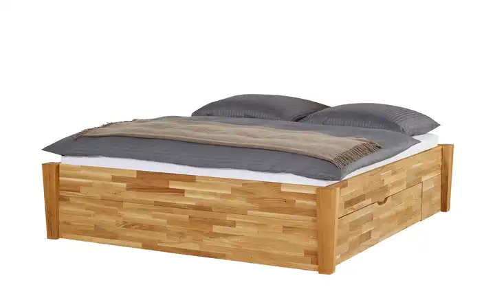 Timber Massivholz-Bettgestell Timber Wildeiche, Eiche 200 cm ohne Kopfteil eckig 2 Bettschubkästen