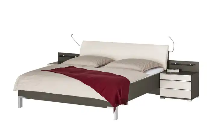 Bettanlage Beda Taupe, Champagner mit Nachtschrankpaneel und LED-Beleuchtung