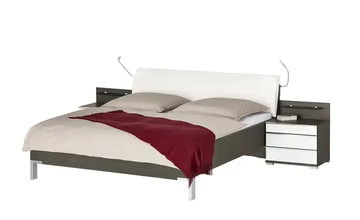 Bettanlage Beda Taupe, Weiß mit Nachtschrankpaneel und LED-Beleuchtung