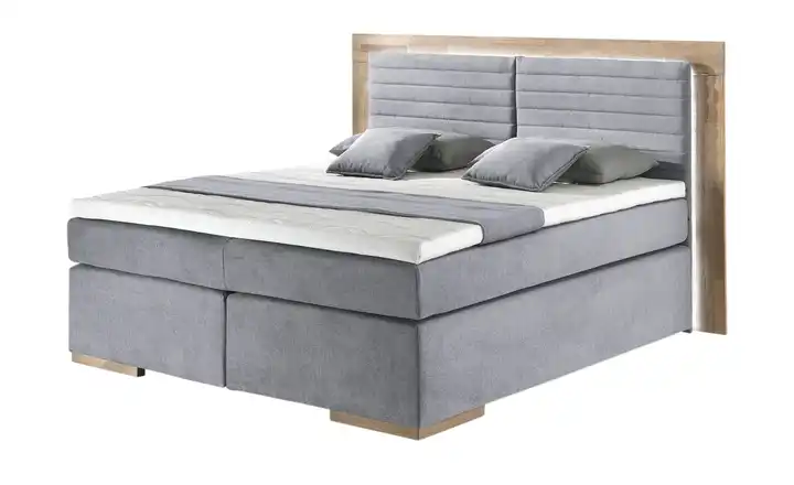 uno Massivholz-Boxspringbett mit LED-Beleuchtung Marlow Hellgrau 200 cm H2 & H3 Komfortschaumkern