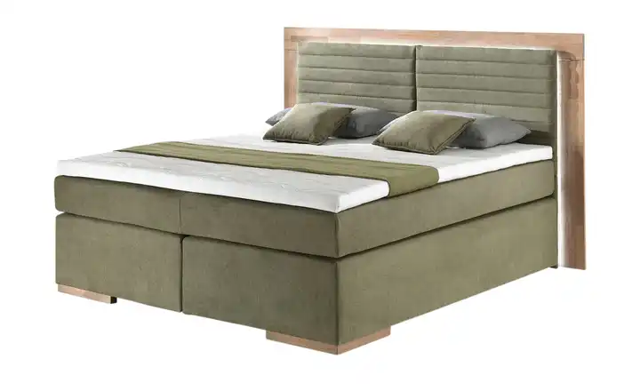 uno Massivholz-Boxspringbett mit LED-Beleuchtung Marlow Olivgrün 200 cm H2 & H3 Komfortschaumkern