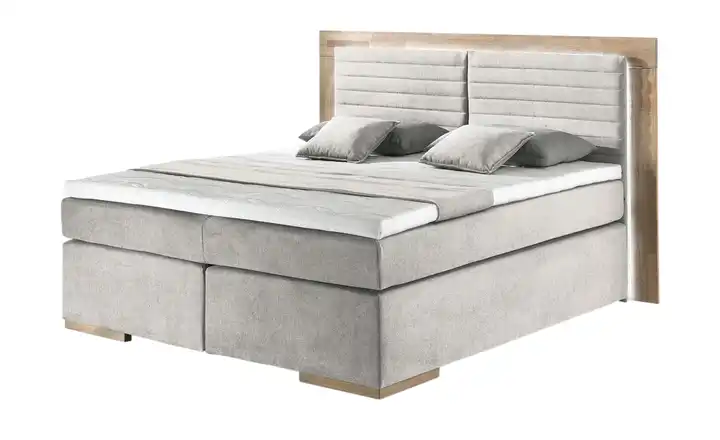 uno Massivholz-Boxspringbett mit LED-Beleuchtung Marlow Beige 200 cm H2 & H3 Komfortschaumkern