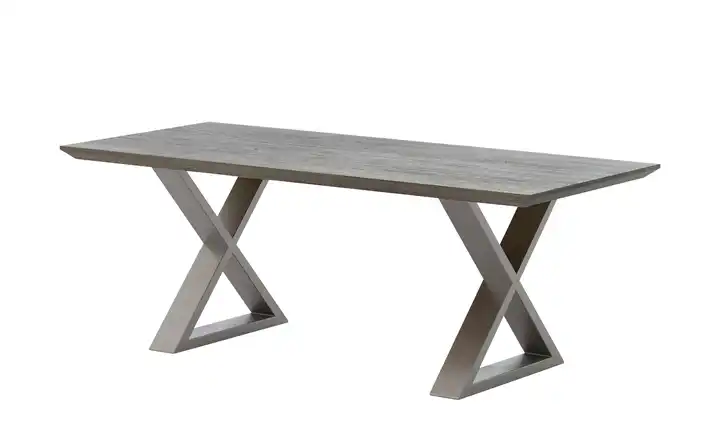 Woodford Massivholztisch Pantheon Eiche Grau Kufen (X-förmig) edelstahlfarben Schweizer Tischkante 160 cm