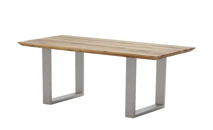 Woodford Massivholztisch Pantheon Wildeiche Kufen (U-förmig) edelstahlfarben Schweizer Tischkante 160 cm