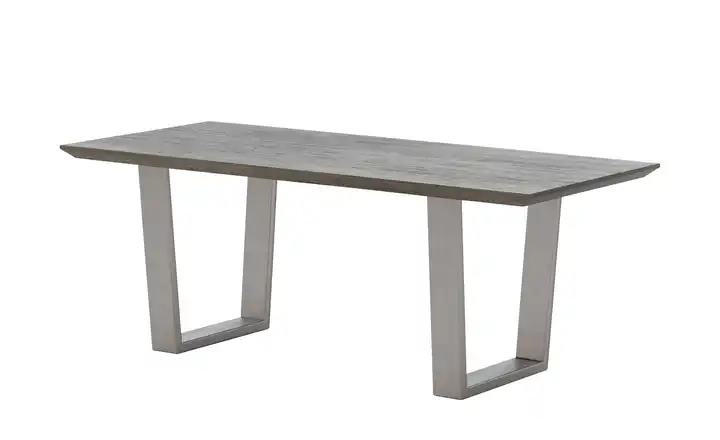 Woodford Massivholztisch Pantheon Eiche Grau Kufen (trapezförmig) edelstahlfarben Schweizer Tischkante 160 cm