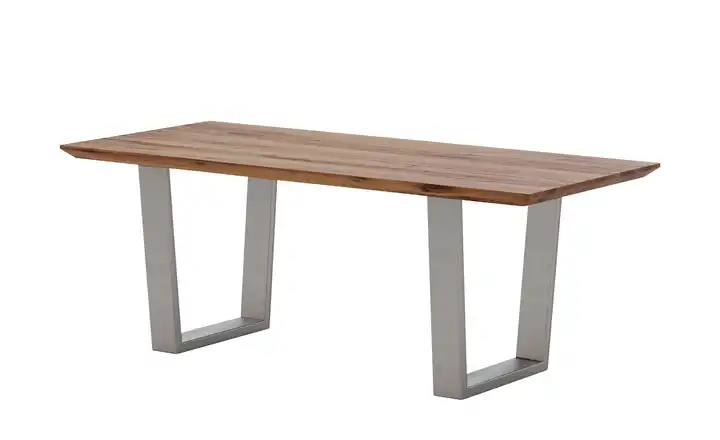 Woodford Massivholztisch Pantheon Eiche Bassano Kufen (trapezförmig) edelstahlfarben Schweizer Tischkante 170 cm