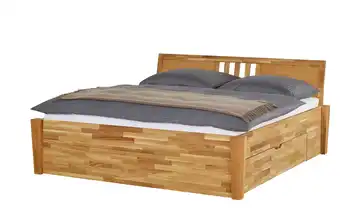 Timber Massivholz-Bettgestell mit Bettkasten Timber Wildeiche 140 cm 2 Bettschubkästen Kopfteil: Ziersprossen mittig eckig
