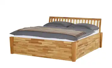 Timber Massivholz-Bettgestell mit Bettkasten Timber Wildeiche 160 cm 2 Bettschubkästen Kopfteil: Ziersprossen längs eckig