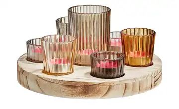 7 Teelichtgläser auf Holztablett