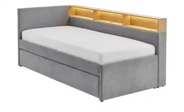 Polsterbett Uno Regal eichefarbig 140 cm Schubkasten Grau
