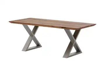 Woodford Massivholztisch Pantheon Eiche Bassano Kufen (X-förmig) edelstahlfarben Schweizer Tischkante 170 cm