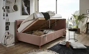 Polsterbett mit trendiger Kederumrahmung Fun 90 cm Mit Lattenrahmen & Bettkasten Rosa Mit Rückenteil