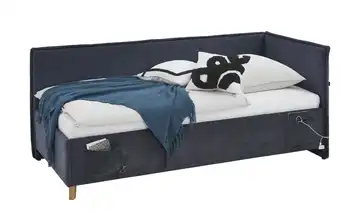 Polsterbett mit trendiger Kederumrahmung Fun 90 cm Mit Lattenrahmen & Bettkasten Dunkelblau Mit Rückenteil