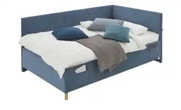 Polsterbett in Cord Cool Ohne Lattenrahmen & Bettkasten Mit Rückenteil 90 cm Blau