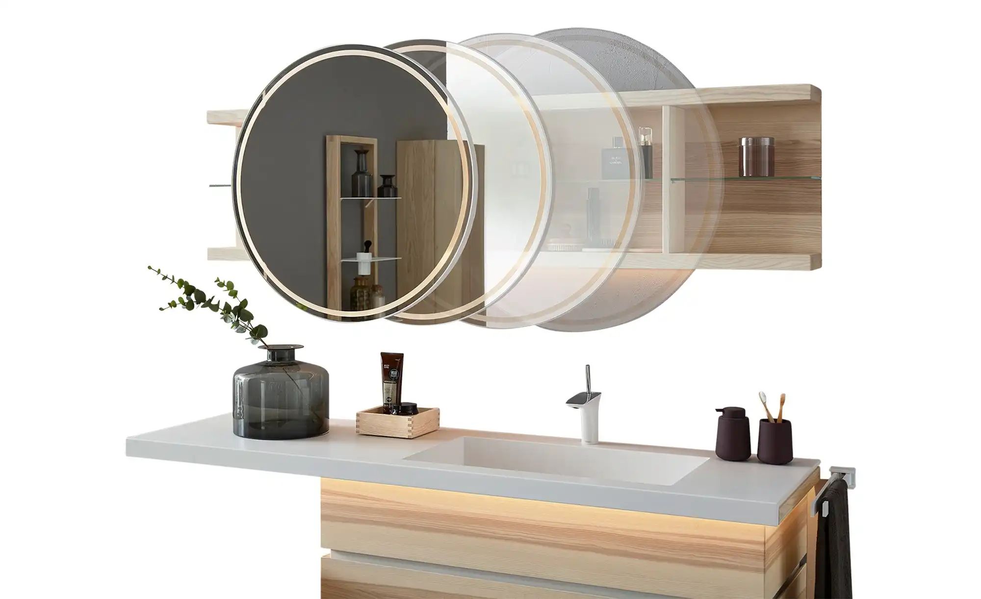 Thumbnail - Rundspiegel mit Hängeregal Fresh ¦ holzfarben ¦ Glas,Metall ¦ Maße (cm): B: 176,8 H: 80 T: 23.0 Badzubehör - Höffner