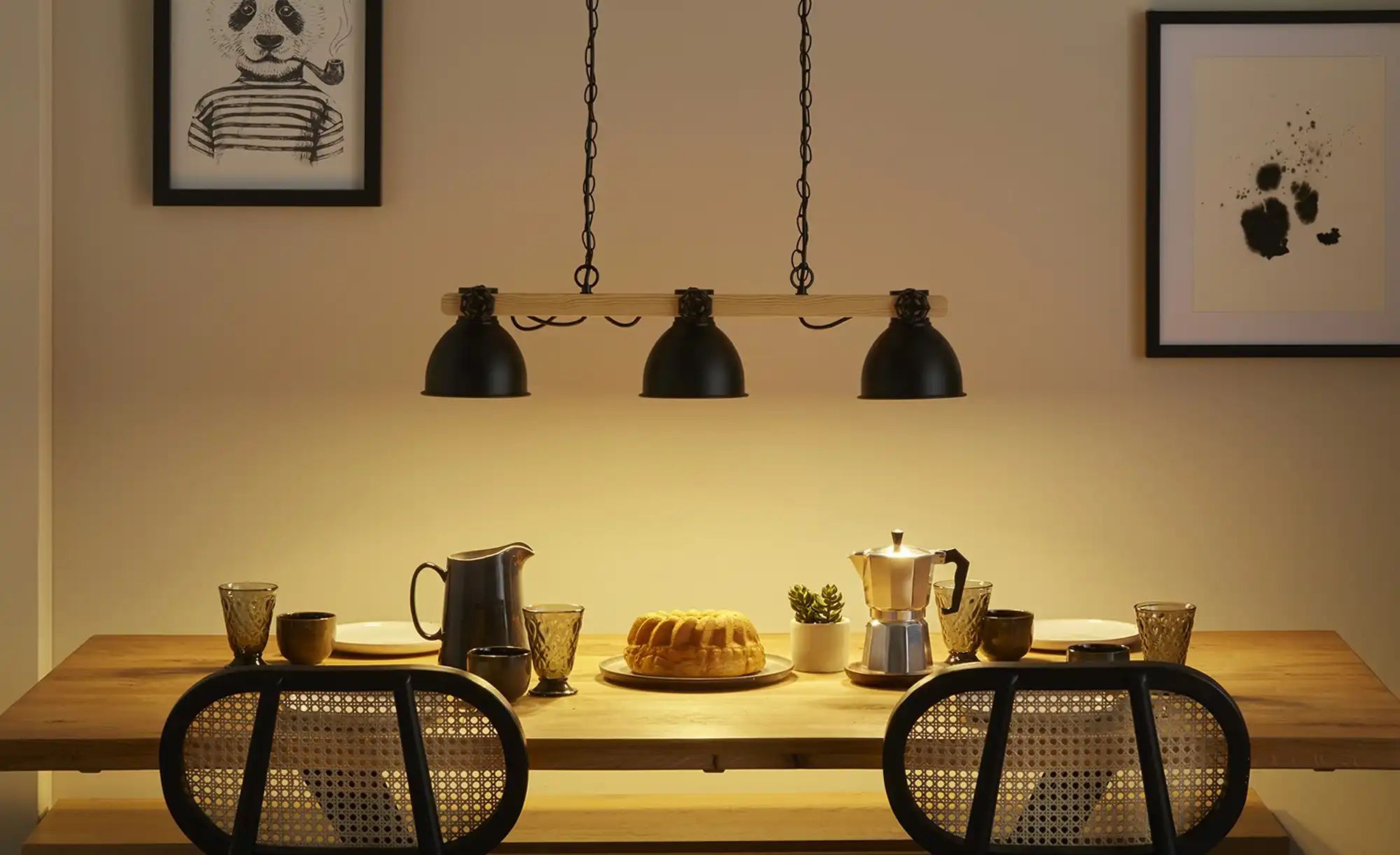 Thumbnail - KHG Pendelleuchte  3-flammig  schwarz mit Pinienholz   ¦ schwarz ¦ Maße (cm): B: 77 H: 150 T: 15.0 Lampen & Leuchten > H...