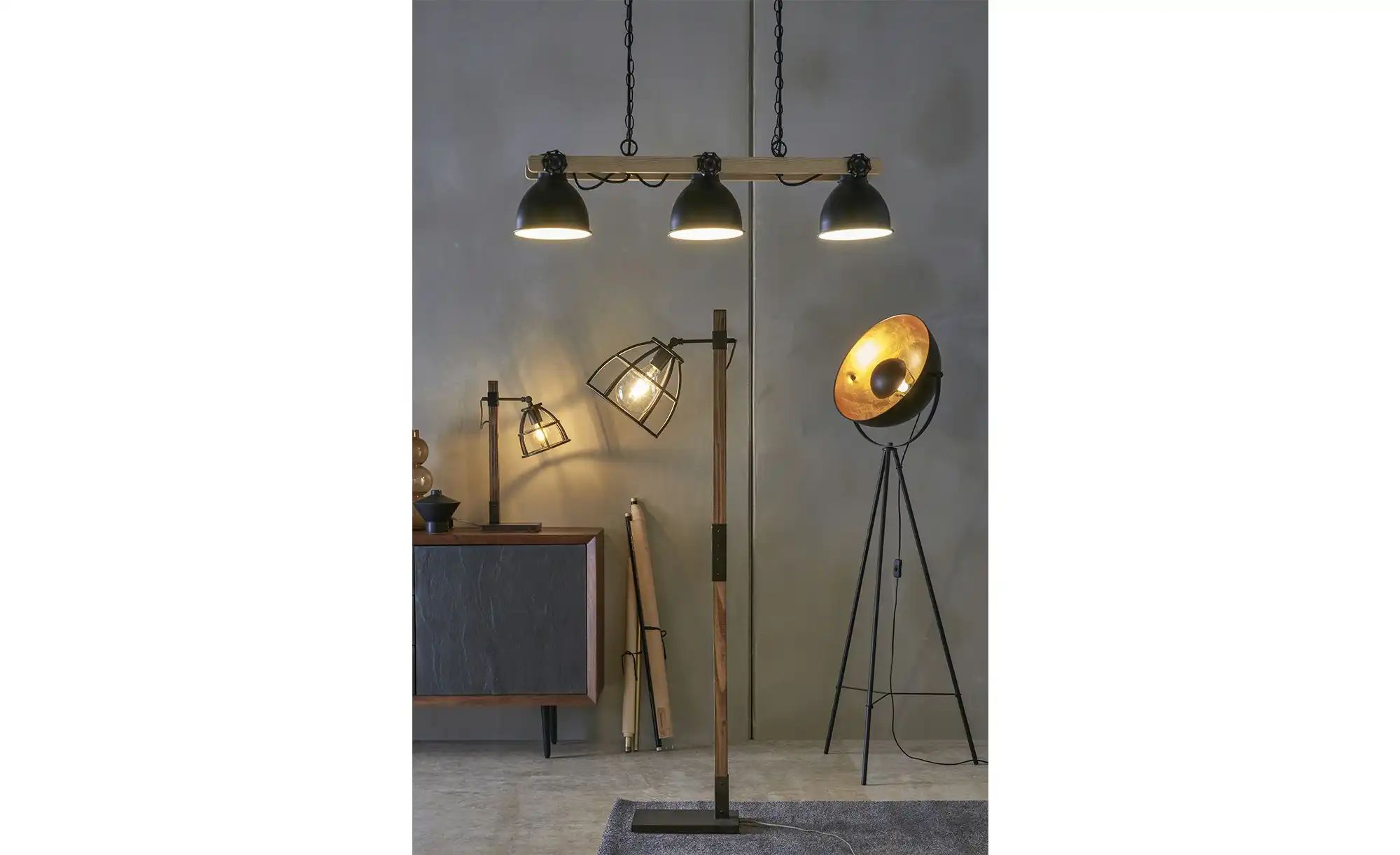 Thumbnail - KHG Pendelleuchte  3-flammig  schwarz mit Pinienholz   ¦ schwarz ¦ Maße (cm): B: 77 H: 150 T: 15.0 Lampen & Leuchten > H...