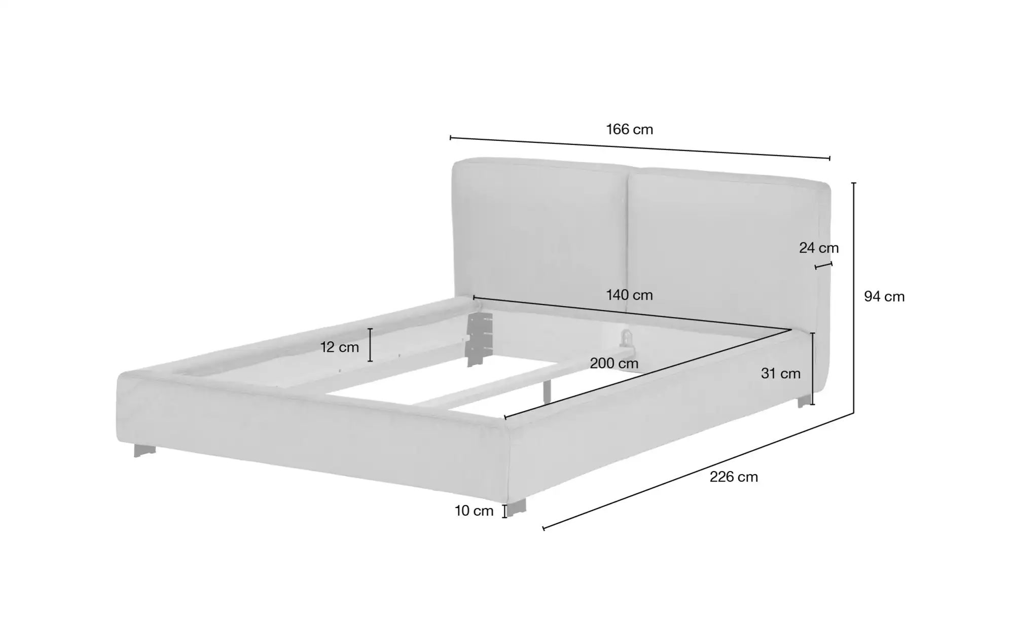 Polsterbettgestell  Waltham ¦ grau ¦ Maße (cm): B: 166 H: 94 T: 226 Betten günstig online kaufen