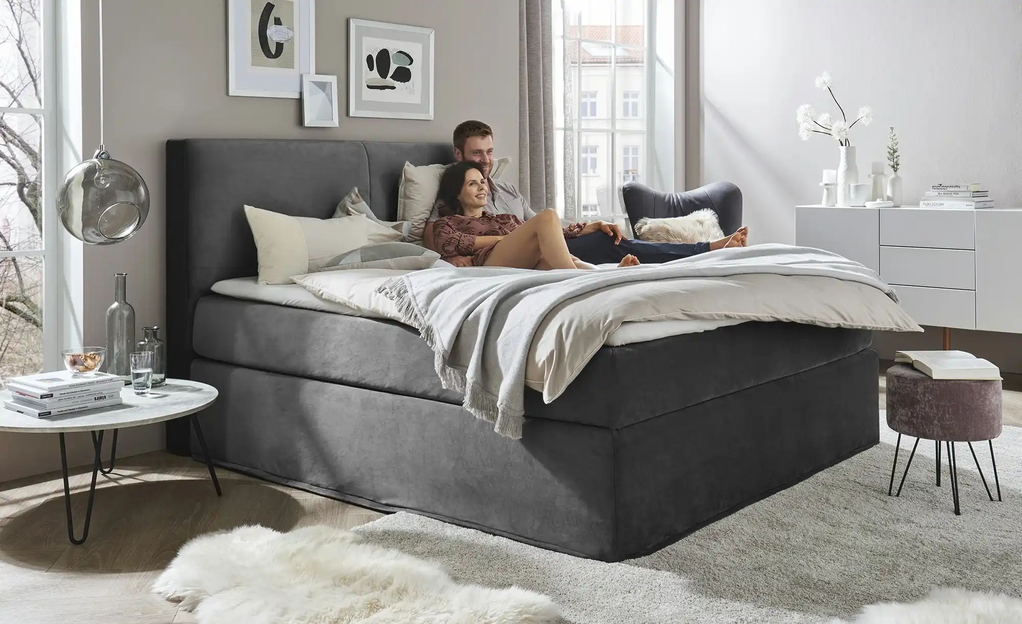 Boxi Boxspringbett 180 x 200 cm Boxi Classic Dunkelgrau / Samt