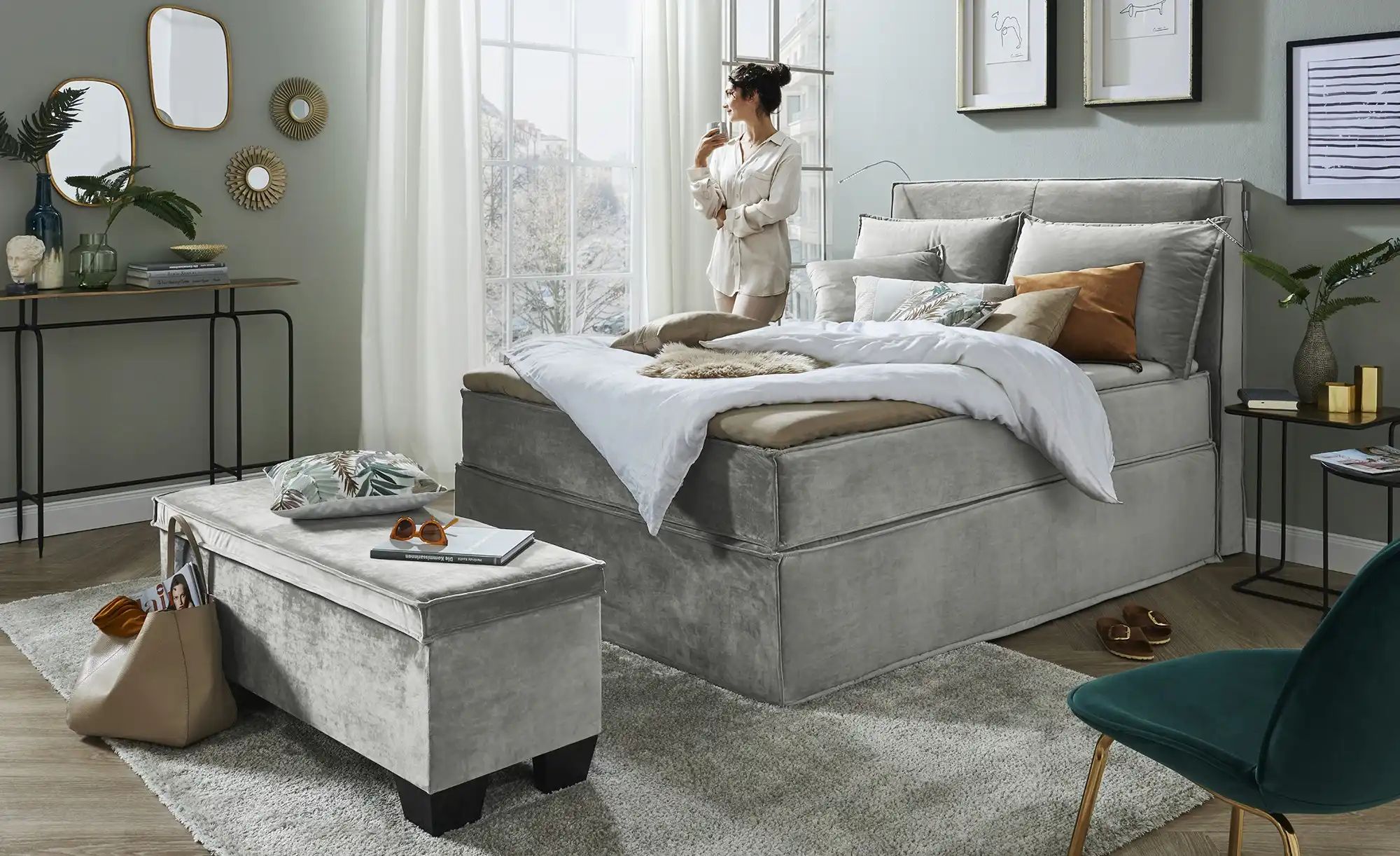 Thumbnail - Boxi Boxspringbett 140 x 200 cm mit trendigem Keder Boxi Urban ¦ grau ¦ Maße (cm): B: 140 H: 125 Betten > Boxspringbette...