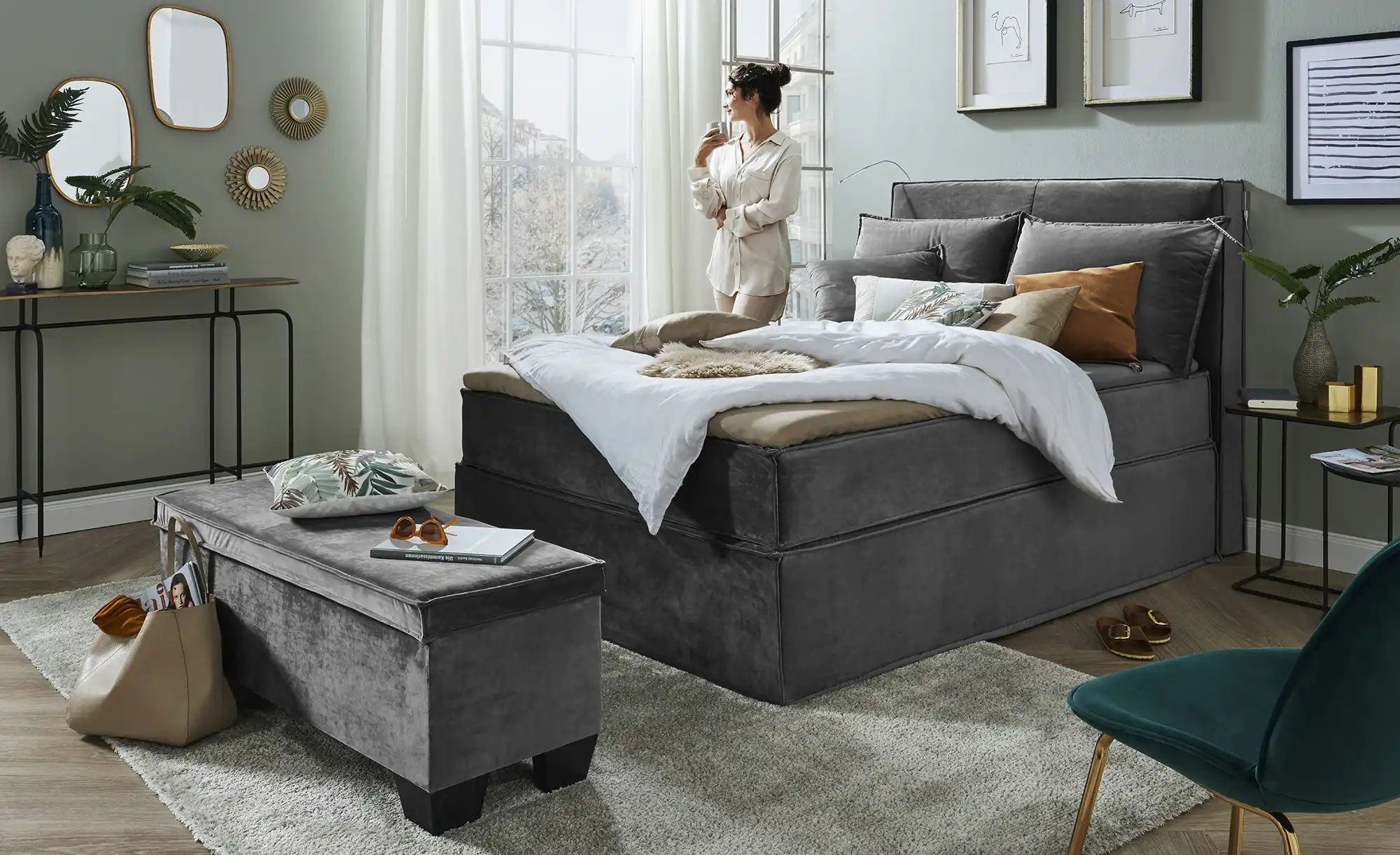 Thumbnail - Boxi Boxspringbett 140 x 200 cm mit trendigem Keder Boxi Urban ¦ grau ¦ Maße (cm): B: 140 H: 125 Betten > Boxspringbette...