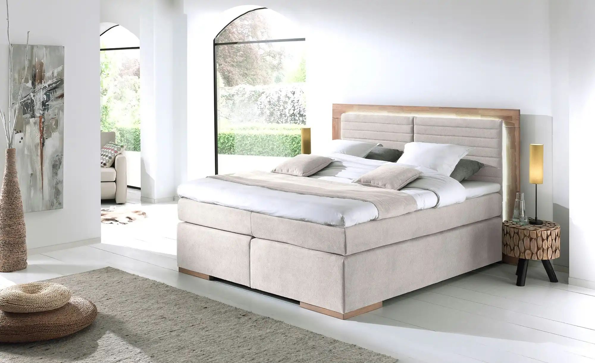 uno Massivholz-Boxspringbett mit LED-Beleuchtung Marlow ¦ beige ¦ Maße (cm) günstig online kaufen