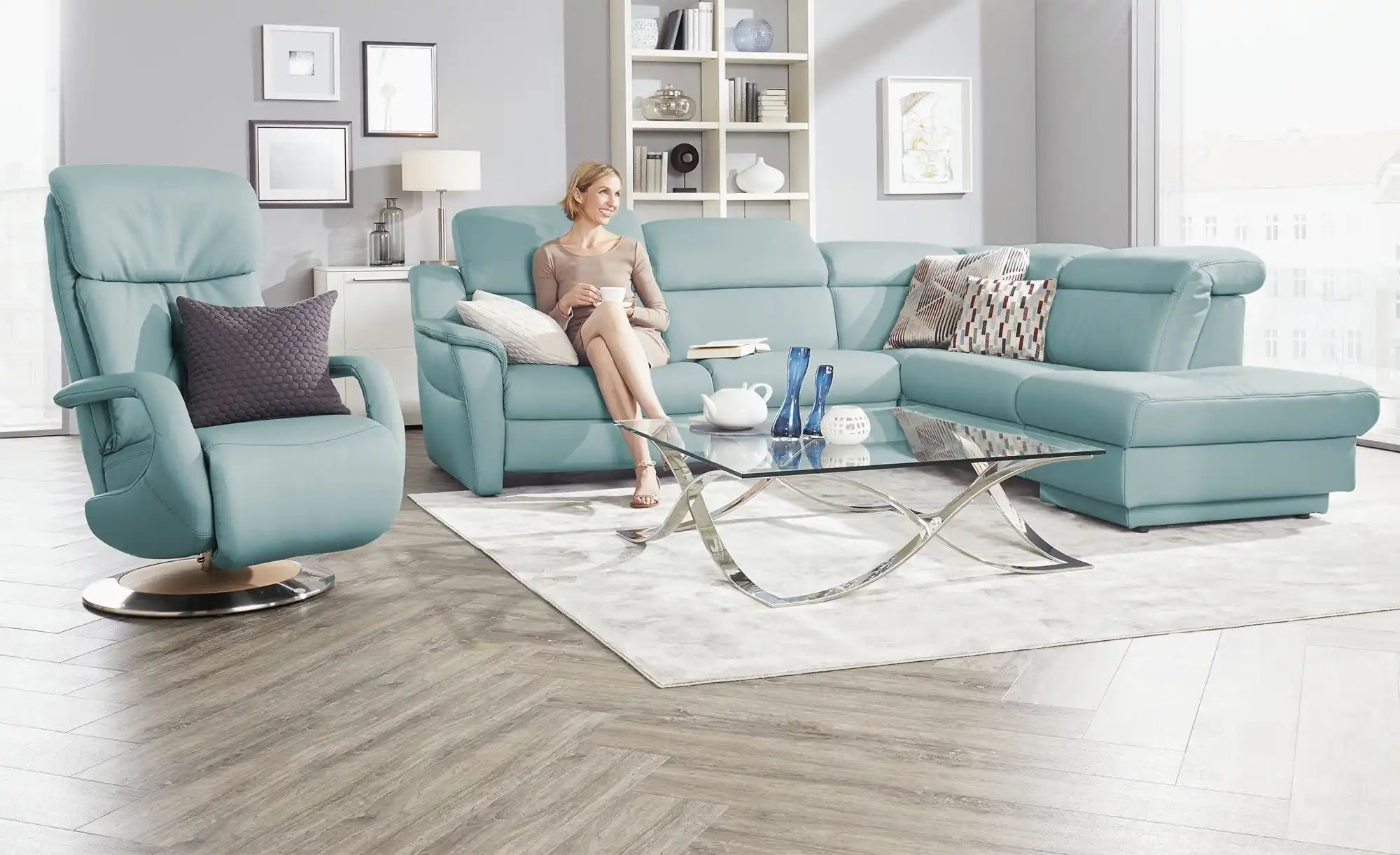 Thumbnail - himolla Ecksofa Leder 9707 ¦ blau ¦ Maße (cm): B: 275 H: 84 T: 245.0 Polstermöbel > Sofas > Ecksofas - Höffner