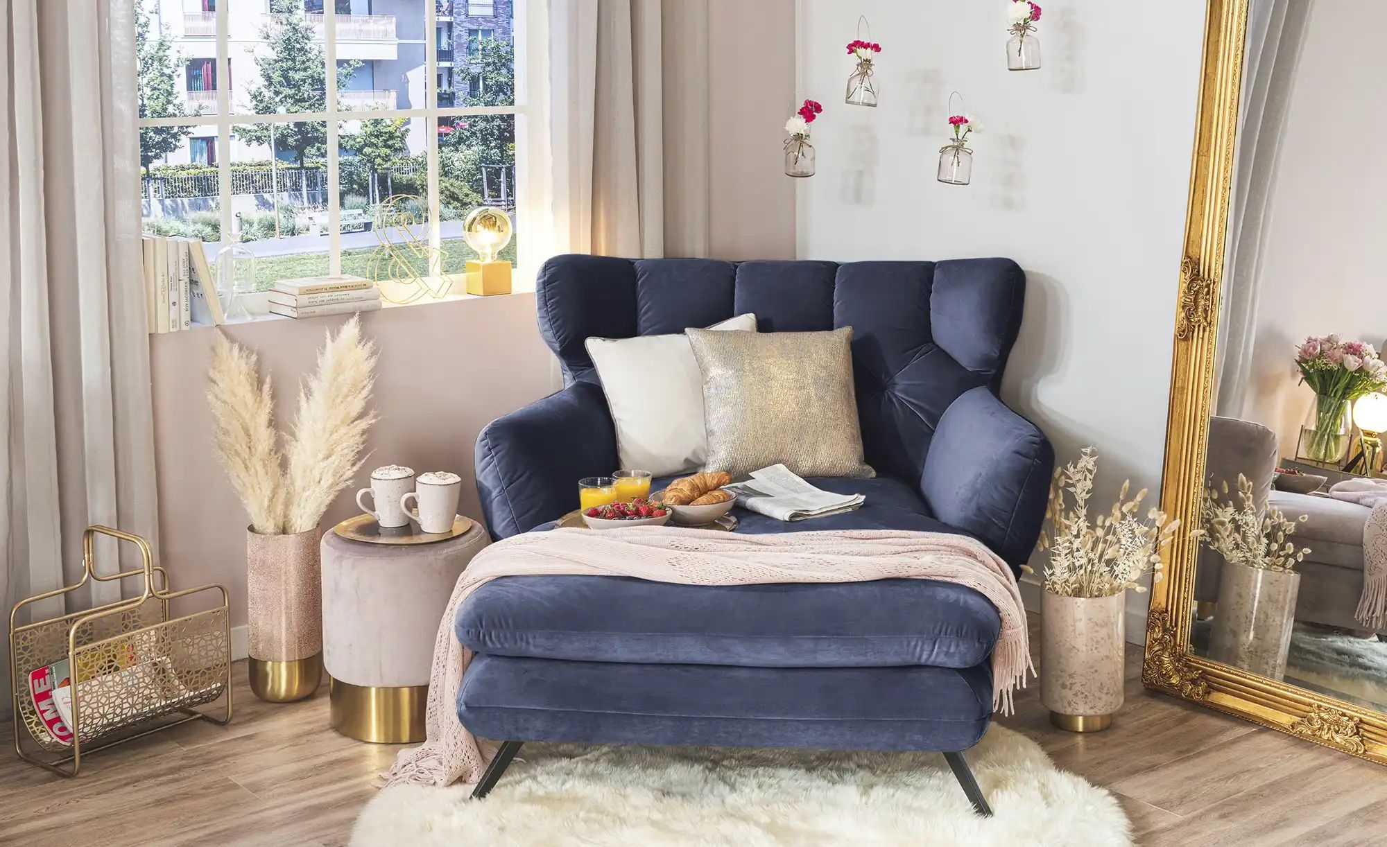 Thumbnail - Jette Home Longseat-Sessel Samt Caldara ¦ blau ¦ Maße (cm): B: 126 H: 94 T: 160.0 Polstermöbel > Sessel > Ohrensessel - ...