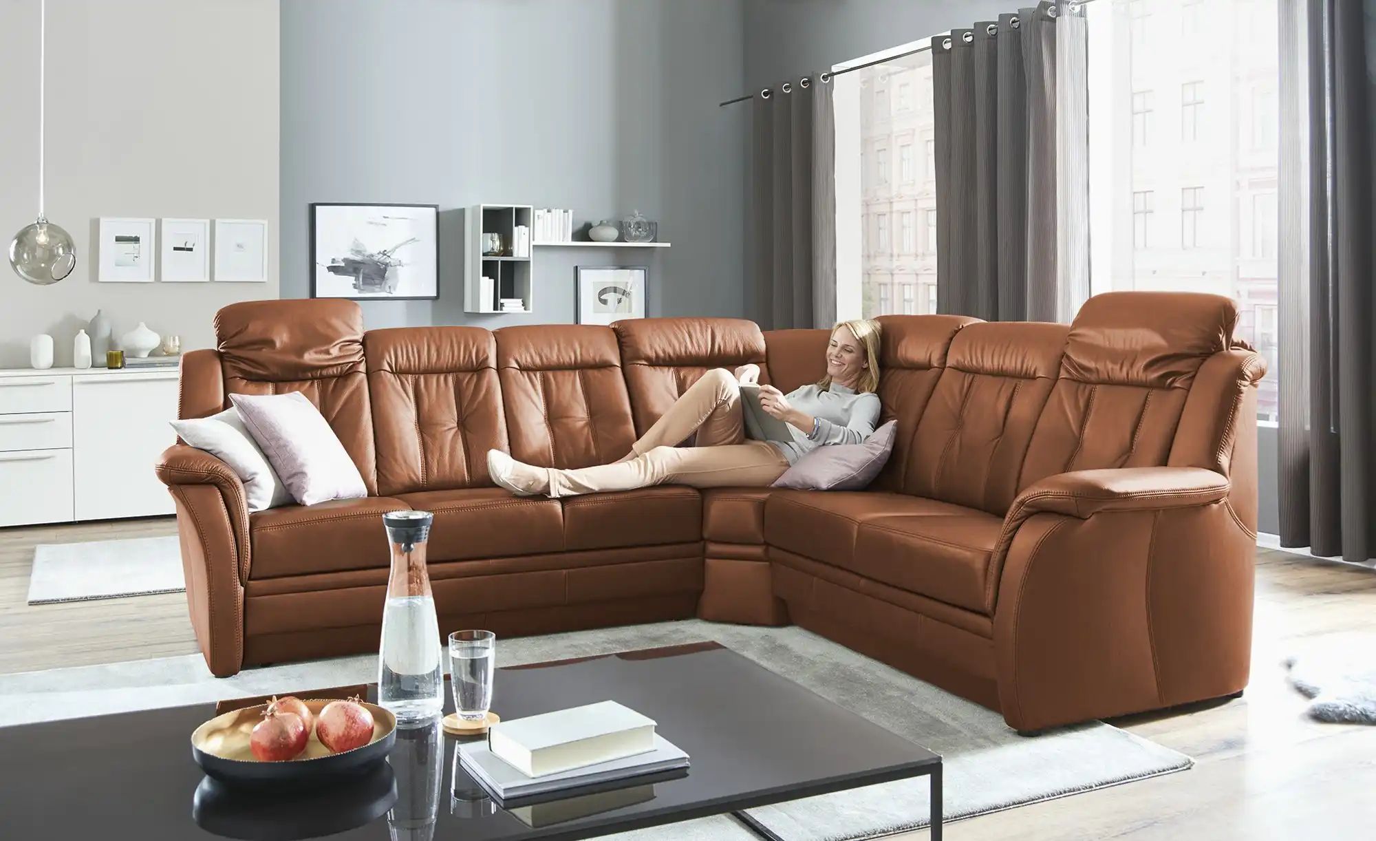 Polstermöbel Oelsa Komfort-Ecksofa aus Leder  Andorra ¦ orange ¦ Maße (cm): günstig online kaufen