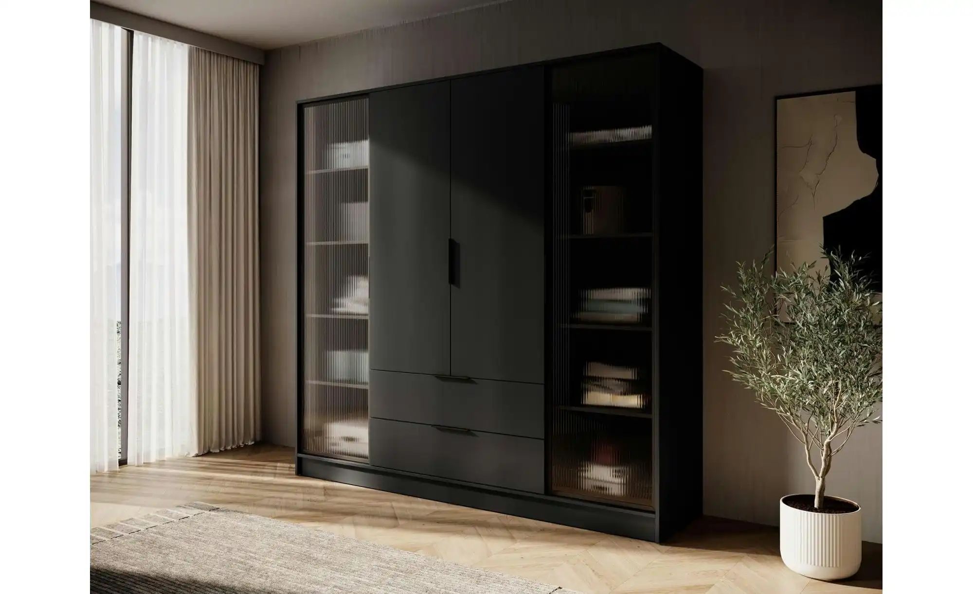 Drehtürenschrank mit 2 Schubladen Lyke ¦ schwarz ¦ Maße (cm): B: 206 H: 200 günstig online kaufen